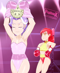 Size: 1839x2227 | Tagged: safe, alternate version, artist:pugilismx, imported from twibooru, apple bloom, diamond tiara, human, boxing, boxing gloves, championship, humanized, image, needs more jpeg, sports