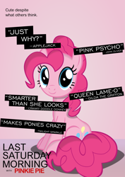 Size: 3307x4677 | Tagged: safe, alternate version, artist:mrkat7214, imported from derpibooru, pinkie pie, earth pony, pony, cute, diapinkes, female, high res, implied applejack, implied cranky doodle donkey, implied gilda, implied twilight sparkle, last saturday morning with pinkie pie, last week tonight, last week tonight with john oliver, looking at you, mare, one of these things is not like the others, parody, poster, sitting, solo, vector