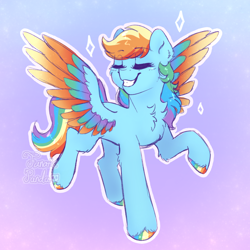 Size: 1500x1500 | Tagged: safe, artist:fanaticpanda, imported from derpibooru, rainbow dash, pegasus, blushing, cheek fluff, chest fluff, colored hooves, colored wings, cute, dashabetes, ear fluff, eyelashes, eyes closed, gradient background, grin, pose, showing off, simple background, smiling, solo, sparkles, unshorn fetlocks, wings