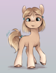 Size: 1182x1534 | Tagged: safe, artist:buttersprinkle, imported from derpibooru, oc, oc only, oc:sock, earth pony, pony, coat markings, eyebrows, female, gradient background, hair accessory, hair tie, hairpin, hooves, ponysona, raised hoof, socks (coat markings), solo