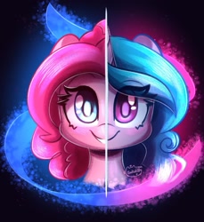 Size: 2203x2407 | Tagged: safe, artist:sakukitty, imported from derpibooru, part of a set, izzy moonbow, pinkie pie, earth pony, pony, unicorn, abstract background, bust, cute, diapinkes, duo, duo female, female, g4, g4 to g5, g5, generation leap, izzybetes, mare, portrait, smiling, the new pinkie pie, two sides