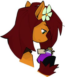 Size: 915x1086 | Tagged: safe, artist:dar, imported from derpibooru, oc, oc only, oc:apple bloom, earth pony, pony, fanfic:song of seven, bottle, bust, earth pony oc, eyebrows, flower, flower in hair, potion, simple background, solo, transparent background, unshorn fetlocks