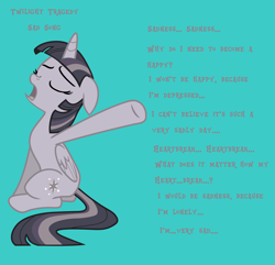 Size: 2774x2678 | Tagged: safe, artist:wardex101, imported from derpibooru, twilight sparkle, alicorn, pony, depressed, discorded, discorded twilight, eyes closed, female, floppy ears, folded wings, full body, hooves, horn, lonely, lyrics, mare, open mouth, raised hoof, sad, simple background, singing, sitting, solo, song reference, tail, text, twilight sparkle (alicorn), twilight tragedy, wings