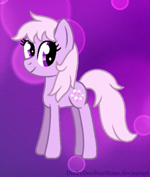 Size: 529x624 | Tagged: safe, artist:dinkydoostarshine, imported from derpibooru, lickety split, lickety-split, earth pony, pony, abstract background, cute, female, frizzy hair, full body, g1, g1 licketybetes, g1 to g4, g4, generation leap, mare, pink hair, pink mane, pink tail, purple background, purple eyes, purple text, smiling, solo, tail, text