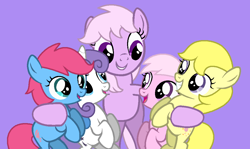 Size: 1003x598 | Tagged: safe, artist:jigglewiggleinthepigglywiggle, imported from derpibooru, baby cotton candy, baby cuddles, baby glory, baby lofty, lickety split, lickety-split, earth pony, pegasus, pony, unicorn, baby, baby cottoncandybetes, baby cuddles being a tomboy, baby glorybetes, baby loftybetes, baby pony, base used, cuddlebetes, cute, female, filly, foal, g1, g1 licketybetes, g1 to g4, g4, generation leap, grin, group, group hug, hooves, hug, mare, no freckles, open mouth, open smile, purple background, simple background, smiling, tomboy