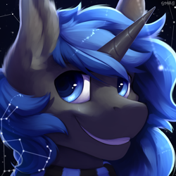 Size: 1500x1500 | Tagged: safe, artist:st4rs6, imported from derpibooru, oc, oc only, oc:orion, pony, unicorn, bust, clothes, commission, constellation, male, portrait, scarf, smiling, solo, stallion, stars