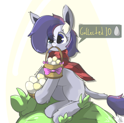 Size: 1500x1486 | Tagged: safe, artist:grithcourage, imported from derpibooru, oc, oc only, oc:faith donk, donkey, pony town, basket, big ears, blue mane, clothes, ear fluff, easter, easter basket, easter egg, egg, eye clipping through hair, female, gray coat, holiday, long tail, mare, mouth hold, scarf, simple background, simple shading, solo, speech bubble, tail