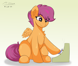 Size: 2000x1700 | Tagged: safe, artist:astrum, imported from derpibooru, scootaloo, pegasus, pony, chest fluff, cute, cutealoo, digital art, eye clipping through hair, eyebrows, eyebrows visible through hair, female, filly, foal, full body, gradient background, happy, looking down, playing, sitting, skateboard, small wings, smiling, solo, spread wings, toy, wings