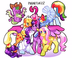 Size: 2048x1647 | Tagged: safe, artist:pabarthezz, imported from derpibooru, applejack, fluttershy, pinkie pie, rainbow dash, rarity, spike, twilight sparkle, alicorn, dragon, earth pony, pegasus, pony, unicorn, accessory swap, blush sticker, blushing, cheek fluff, cute, eyes closed, female, flying, group hug, hug, male, mane seven, mane six, mare, open mouth, simple background, smiling, twilight sparkle (alicorn), white background, winged spike, winghug, wings