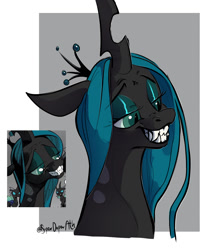 Size: 1303x1484 | Tagged: safe, artist:superduperath, idw, imported from derpibooru, queen chrysalis, changeling, changeling queen, the return of queen chrysalis, spoiler:comic, eyeshadow, fangs, female, grin, lidded eyes, makeup, reference, scene interpretation, smiling, solo, teeth