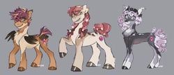 Size: 2702x1167 | Tagged: safe, artist:sannateacupss, imported from derpibooru, apple bloom, scootaloo, sweetie belle, earth pony, pegasus, pony, unicorn, alternate design, alternate hairstyle, bow, braid, braided tail, coat markings, colored hooves, colored wings, curly hair, cutie mark crusaders, ear tufts, facial markings, flower, flower in hair, hair accessory, hair bow, looking at someone, redesign, smiling, smirk, tail, wings