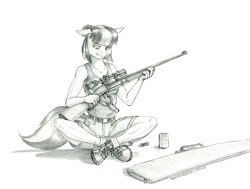 Size: 1500x1131 | Tagged: safe, artist:baron engel, imported from derpibooru, coco pommel, anthro, earth pony, clothes, female, grayscale, gun, mare, monochrome, pants, pencil drawing, rifle, shoes, sniper, sniper rifle, solo, story in the source, story included, tanktop, traditional art, weapon