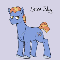 Size: 768x768 | Tagged: safe, artist:smirk, imported from derpibooru, oc, oc only, oc:stone slag, earth pony, pony, blue background, earth pony oc, fluffy, frown, full body, hooves, lidded eyes, simple background, solo, standing, tail, unshorn fetlocks