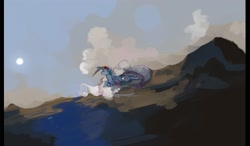 Size: 2636x1536 | Tagged: safe, artist:celestiawept, imported from derpibooru, rainbow dash, pegasus, pony, cloud, daytime, female, high res, looking away, lying down, mare, mountain, on a cloud, outdoors, prone, sketch, solo