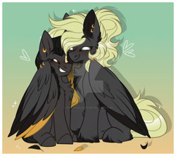 Size: 1600x1423 | Tagged: safe, artist:krypticquartz, imported from derpibooru, oc, oc only, oc:eldin, oc:veen sundown, pegasus, pony, chest fluff, cuddling, deviantart watermark, duo, ear piercing, female, happy, hug, larger female, male, mare, obtrusive watermark, piercing, sitting, size difference, smiling, snuggling, stallion, sundown clan, watermark, wing piercing, winghug, wings