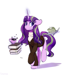 Size: 4898x5584 | Tagged: safe, artist:laymy, imported from derpibooru, starlight glimmer, pony, unicorn, absurd resolution, alternate hairstyle, book, cake, clothes, cup, cute, female, flower, food, glimmerbetes, looking at you, loose hair, magic, mare, raised hoof, redesign, s5 starlight, simple background, solo, spoon, sweater, teacup, telekinesis, white background