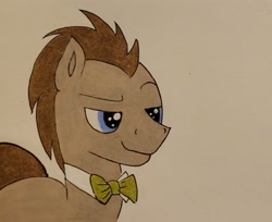 Size: 1724x1405 | Tagged: safe, artist:polar_storm, imported from derpibooru, doctor whooves, time turner, earth pony, pony, blue eyes, bowtie, colored, male, simple background, smiling, smug, solo, stallion, traditional art, white background