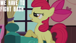 Size: 1280x720 | Tagged: safe, edit, edited screencap, editor:quoterific, imported from derpibooru, screencap, apple bloom, earth pony, pony, one bad apple, season 3, apple bloom's bow, bow, female, filly, foal, hair bow, open mouth, solo, text