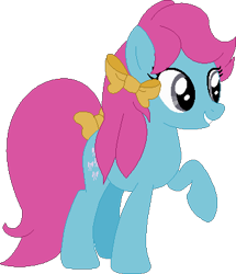 Size: 341x396 | Tagged: safe, artist:selenaede, artist:victorfazbear, artist:wolframlogistics, imported from derpibooru, earth pony, pony, base used, bow, bow tie (g1), cute, female, g1, g1 to g4, g4, generation leap, gray eyes, grin, hair bow, mare, pink hair, pink mane, pink tail, raised hoof, simple background, smiling, tail, tail bow, tieabetes, transparent background