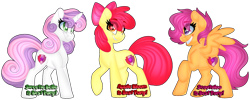 Size: 1280x512 | Tagged: safe, artist:missbramblemele, imported from derpibooru, apple bloom, scootaloo, sweetie belle, earth pony, pegasus, pony, unicorn, best pony, cutie mark crusaders, eye clipping through hair, eyebrows, eyebrows visible through hair, female, grin, raised hoof, simple background, smiling, spread wings, transparent background, trio, trio female, wings