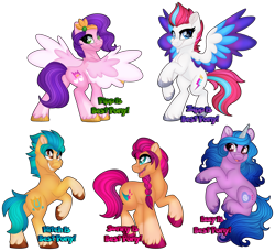 Size: 1280x1167 | Tagged: safe, artist:missbramblemele, imported from derpibooru, hitch trailblazer, izzy moonbow, pipp petals, sunny starscout, zipp storm, earth pony, pegasus, pony, unicorn, best pony, butt, colored wings, eye clipping through hair, female, g5, grin, looking at you, looking back, looking back at you, male, mane five (g5), mare, multicolored wings, open mouth, open smile, pipp butt, plot, rear view, rearing, simple background, smiling, smiling at you, spread wings, stallion, standing on two hooves, transparent background, wings