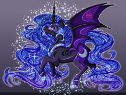 Size: 4000x3000 | Tagged: safe, artist:0daimon0, imported from derpibooru, nightmare moon, alicorn, pony, bat wings, blue mane, blue tail, colored pupils, commission, ethereal mane, female, flowing mane, flowing tail, gray background, green eyes, hoof shoes, horn, lidded eyes, mare, open mouth, peytral, simple background, smiling, solo, sparkles, spread wings, starry mane, starry tail, tail, teeth, wings