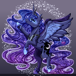 Size: 4000x4000 | Tagged: safe, artist:0daimon0, imported from derpibooru, princess luna, alicorn, pony, blue mane, blue tail, commission, crown, ethereal mane, ethereal tail, feather, female, flowing mane, flowing tail, gray background, green eyes, hoof shoes, horn, jewelry, lidded eyes, mare, peytral, raised hoof, regalia, simple background, smiling, solo, sparkles, spread wings, tail, wings