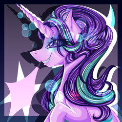 Size: 2500x2500 | Tagged: safe, artist:0daimon0, imported from derpibooru, starlight glimmer, pony, unicorn, cutie mark, cutie mark background, eyelashes, female, gray background, horn, mare, purple eyes, purple mane, shadow, simple background, smiling, solo, teeth