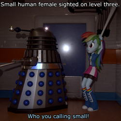 Size: 1920x1920 | Tagged: safe, artist:northern haste, derpibooru exclusive, imported from derpibooru, rainbow dash, alien, cyborg, human, equestria girls, 3d, ace mcshane, baseball bat, blender, boots, clothes, coal hill school, dalek, doctor who, feminism, mutant, rainbow dash is not amused, rainbow socks, remembrance of the daleks, shirt, shoes, shorts, skirt, smoldash, socks, striped socks, sweatshirt, t-shirt, unamused