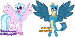 Size: 1280x625 | Tagged: safe, artist:missbramblemele, imported from derpibooru, gallus, silverstream, classical hippogriff, griffon, hippogriff, best pony, crossed arms, duo, female, happy, jewelry, male, necklace, simple background, spread wings, transparent background, wings