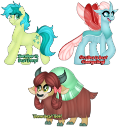 Size: 1280x1362 | Tagged: safe, artist:missbramblemele, imported from derpibooru, ocellus, sandbar, yona, changedling, changeling, pony, yak, best pony, bow, cloven hooves, hair bow, monkey swings, simple background, transparent background