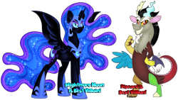 Size: 1280x722 | Tagged: safe, artist:missbramblemele, imported from derpibooru, discord, nightmare moon, alicorn, draconequus, pony, antagonist, best pony, duo, grin, name, simple background, smiling, transparent background, vector, villainess