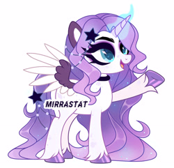 Size: 3176x3063 | Tagged: safe, artist:mirrastat, imported from derpibooru, oc, oc only, alicorn, pony, alicorn oc, base used, choker, colored wings, eyelashes, female, glowing, glowing horn, hoof polish, horn, makeup, mare, raised hoof, simple background, smiling, solo, two toned wings, unshorn fetlocks, white background, wings
