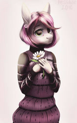 Size: 679x1080 | Tagged: safe, artist:pessadie, imported from derpibooru, oc, oc only, anthro, earth pony, clothes, commission, dress, earth pony oc, flower, furry, simple background, solo, ych result