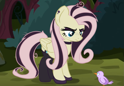 Size: 823x572 | Tagged: safe, artist:anonymous, edit, edited screencap, imported from derpibooru, screencap, fluttershy, mean fluttershy, bird, pegasus, pony, season 8, the mean 6, spoiler:s08, choker, clone, clothes, dyed mane, ear piercing, emoshy, everfree forest, eye contact, eyeshadow, female, forest, frown, garter belt, garters, goth, hoof shoes, looking at each other, looking at someone, looking down, makeup, mare, piercing, sad, stockings, thigh highs