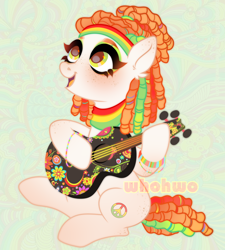 Size: 1994x2216 | Tagged: safe, artist:whohwo, imported from derpibooru, oc, oc only, earth pony, pony, base used, bracelet, dreadlocks, earth pony oc, eyelashes, female, guitar, hippie, jewelry, looking up, mare, musical instrument, smiling, solo