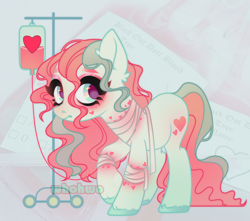 Size: 3574x3156 | Tagged: safe, artist:whohwo, imported from derpibooru, oc, oc only, earth pony, pony, abstract background, bandage, base used, ear fluff, earth pony oc, eyelashes, female, heart, iv drip, makeup, mare, raised hoof, smiling, solo, unshorn fetlocks