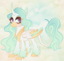 Size: 2249x2162 | Tagged: safe, artist:whohwo, imported from derpibooru, oc, oc only, classical hippogriff, hippogriff, abstract background, base used, eyelashes, female, hippogriff oc, horn, leonine tail, makeup, mare, peytral, smiling, tail