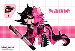 Size: 4000x2700 | Tagged: safe, artist:henori_artist, imported from derpibooru, oc, oc only, earth pony, pony, base used, baseball bat, boots, clothes, demonia swing 815, earth pony oc, eyelashes, female, goth, makeup, mare, red eyes, reference sheet, running makeup, shoes, smiling, solo, tongue out