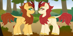 Size: 2400x1200 | Tagged: safe, artist:purplegrim40, imported from derpibooru, oc, oc only, kirin, cloven hooves, duo, horn, kirin oc, leonine tail, outdoors, smiling, tail, tree