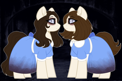 Size: 1800x1200 | Tagged: safe, artist:purplegrim40, imported from derpibooru, oc, oc only, earth pony, pony, abstract background, bags under eyes, black background, clothes, dress, duo, earth pony oc, female, mare, siblings, twins