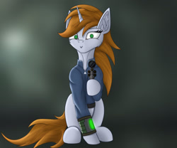 Size: 2600x2160 | Tagged: safe, artist:wailks, imported from derpibooru, oc, oc only, oc:littlepip, pony, unicorn, fallout equestria, :>, abstract background, aiming, aiming at you, digital art, fallout, fanfic, fanfic art, female, gun, handgun, high res, hooves, little macintosh, looking at you, mare, pipbuck, revolver, sitting, smiling, tail, weapon