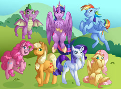 Size: 1280x940 | Tagged: safe, artist:grumpygriffcreation, imported from derpibooru, applejack, fluttershy, pinkie pie, rainbow dash, rarity, spike, twilight sparkle, alicorn, dragon, pony, mane seven, mane six, twilight sparkle (alicorn), winged spike, wings