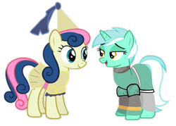 Size: 720x516 | Tagged: safe, artist:darlycatmake, imported from derpibooru, bon bon, lyra heartstrings, sweetie drops, earth pony, pony, unicorn, 1000 hours in ms paint, amused, bon bon is amused, cute, female, happy, hennin, knight, knight rescues the princess, lesbian, lidded eyes, looking at each other, looking at someone, lyra is amused, lyrabetes, mare, open mouth, princess, princess bon bon, shipping, simple background, smiling, smiling at each other, together, transparent background, wide eyes