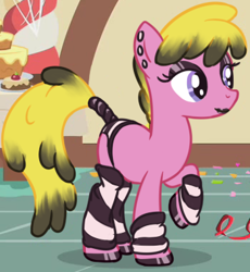 Size: 350x380 | Tagged: safe, artist:anonymous, edit, edited screencap, imported from derpibooru, screencap, cherry berry, earth pony, pony, a bird in the hoof, clothes, dyed mane, ear piercing, eyeshadow, female, hoof polish, leg warmers, lidded eyes, lipstick, makeup, mare, piercing, raised hoof, solo, striped underwear, tail, tail wrap, underwear