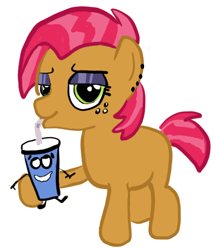 Size: 380x447 | Tagged: safe, artist:anonymous, imported from derpibooru, babs seed, earth pony, pony, cup, drinking, ear piercing, eyeshadow, lidded eyes, looking at you, makeup, piercing, simple background, smiling, solo, white background