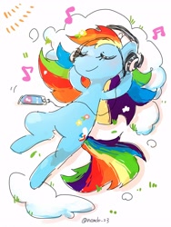 Size: 2400x3200 | Tagged: safe, artist:fuyugi, imported from derpibooru, rainbow dash, pegasus, pony, cellphone, eyes closed, headphones, hooves behind head, listening to music, lying down, music notes, on back, phone, smartphone, solo