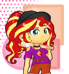 Size: 1236x1328 | Tagged: safe, artist:pink flame, imported from derpibooru, sunset shimmer, human, equestria girls, baseball bat, baseball cap, cap, female, hat, looking at you, solo