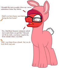 Size: 1459x1564 | Tagged: safe, artist:ngthanhphong, imported from derpibooru, oc, oc only, oc:ruby star, earth pony, pony, animal costume, bunny costume, clothes, costume, easter bunny, glasses, offscreen character, simple background, text, transparent background