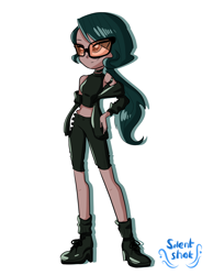 Size: 3111x4000 | Tagged: safe, artist:windywendy29, imported from derpibooru, oc, oc only, oc:silent shot, human, equestria girls, boots, choker, clothes, equestria girls-ified, female, glasses, high heel boots, jacket, midriff, scar, shoes, shorts, simple background, socks, solo, sports bra, sunglasses, white background
